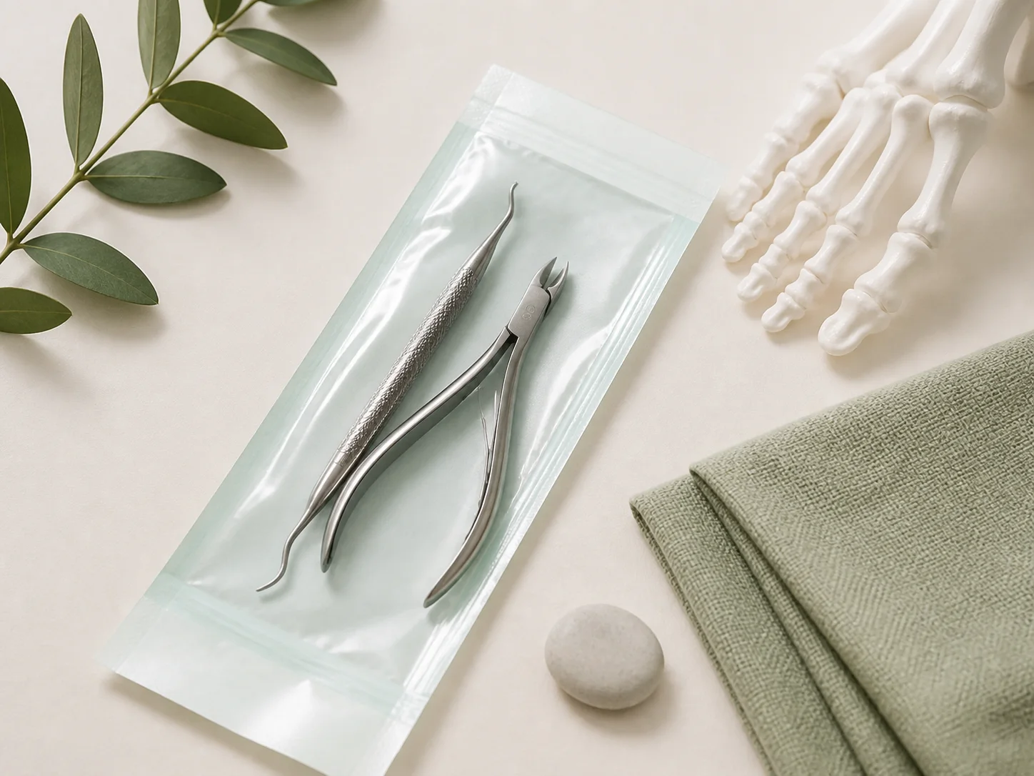 Neutrales Stillleben mit verpackten Instrumenten und anatomischem Fußmodell